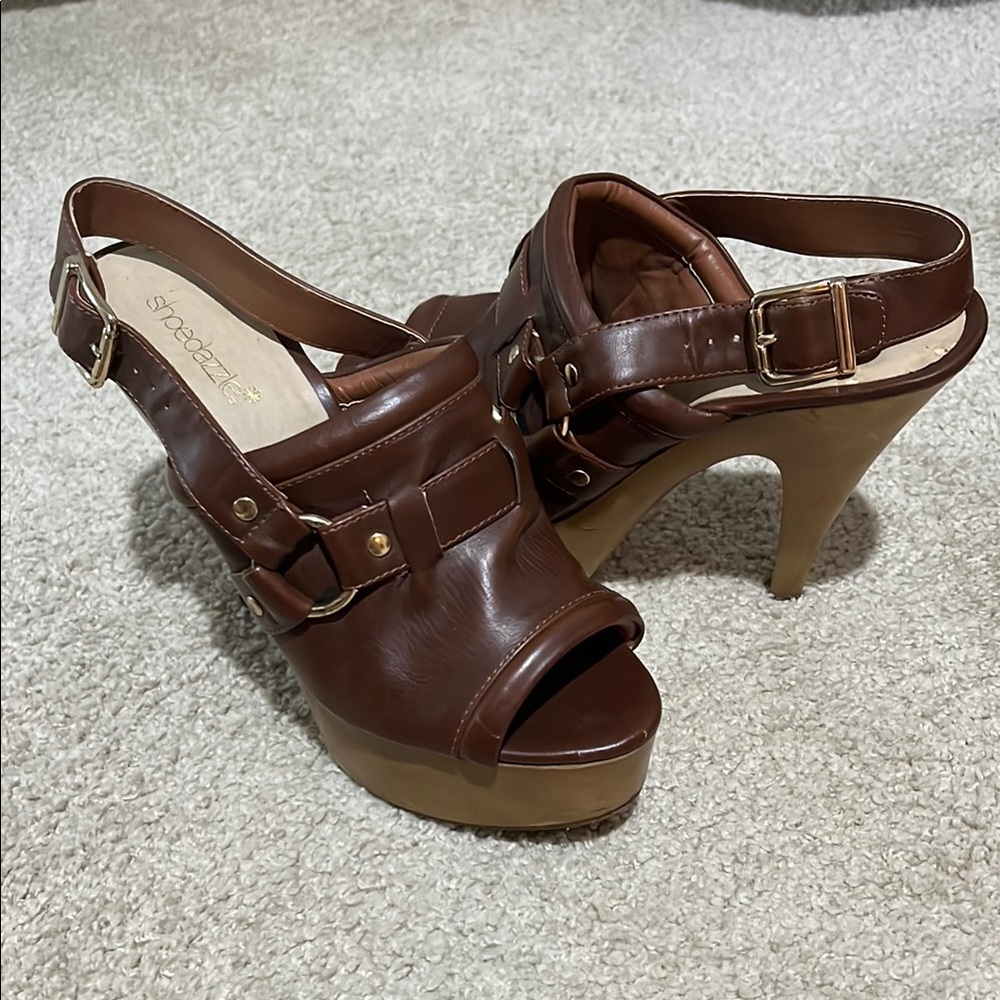 Women 8 Shoe Dazzle Brown Leather Platform Heels with Slingback